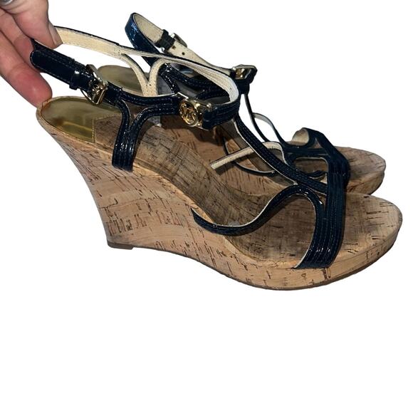 Michael Kors Navy Patent Leather Wedge Heels Sandals 6 - Picture 1 of 10